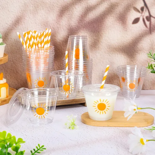 Miniatura 4 de Whaline 100 vasos de plástico desechables estilo bohemio de 9 onzas con tapas y pajitas, lindos vasos de bebida fría con sol amarillo para café