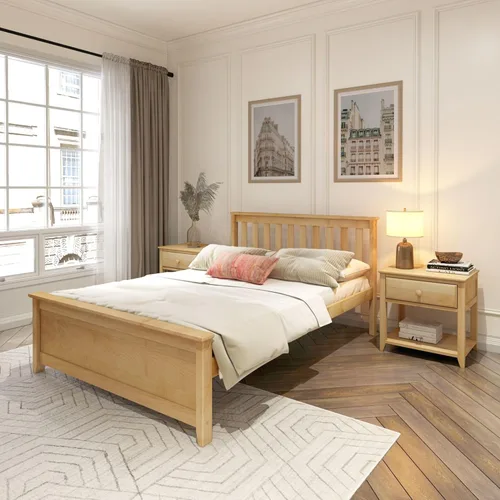 Miniatura 23 de Plank+Beam Estructura de cama individual de madera maciza, cama plataforma con cabecero, color nogal