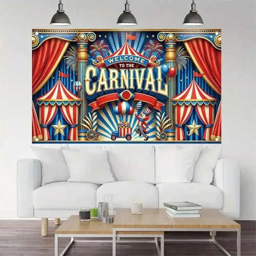 Miniatura 5 de Cartel con temática de carnaval de 71 x 43 pulgadas, tienda de campaña de circo, globos de payaso, decoración de fiesta para niños, feria