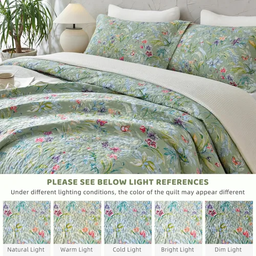 Miniatura 6 de Sanracie Edredón extragrande tamaño King (120"x120"), juego de edredón 100% algodón con estampado floral verde de 3 piezas, edredón suave y ligero