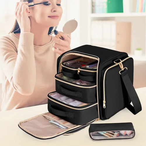 Miniatura 7 de Bolsa de maquillaje de viaje con 5 estuches extraíbles, estuche organizador de maquillaje grande con correa y múltiples bolsillos de almacenamiento