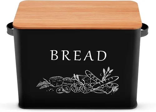 P&P CHEF Panera para encimera de cocina, contenedor de almacenamiento de pan de metal con tapa de corte de madera, gran capacidad para sostener más