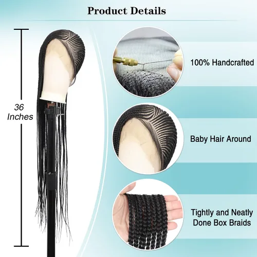 Miniatura 2 de Kalyss Cornrow - Pelucas trenzadas para mujeres negras, peluca trenzada de encaje completo con cabello de bebé, pelucas trenzadas negras naturales