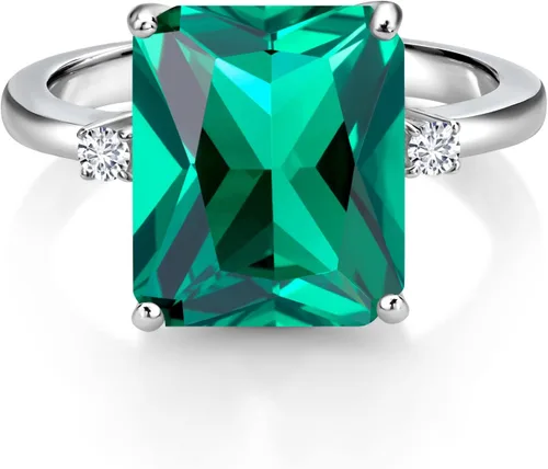 Miniatura 7 de Gem Stone King 5-7 Cttw Gemstone Birthstone and White Lab Grown Diamond 3-Stone Engagement Ring 925 Sterling Silver Center Emerald Cut 12X10MM