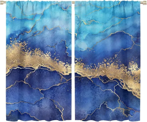 Miniatura 69 de Cortinas abstractas de mármol de lujo de lujo azul marino dorado a rayas con patrón de mármol estampado para dormitorio, sala de estar, cortinas