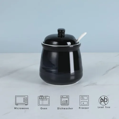 Miniatura 3 de Tazón de sal de porcelana con tapa y cuchara, azucarero de cerámica de 12 onzas (negro)