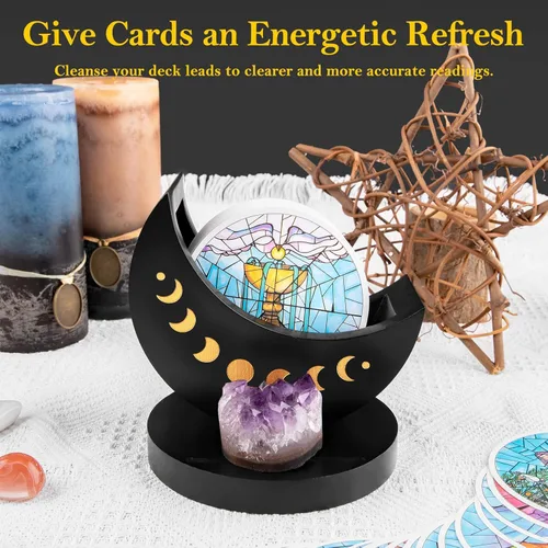 Miniatura 4 de Caja de exhibición de tarot con soporte para tarjetas, estuche de madera con soporte de fase lunar para almacenamiento de piedra de cristal, Negro