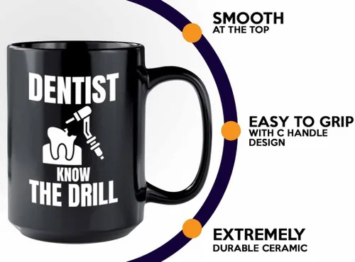Miniatura 4 de Taza de café para dentista de 15 onzas, color negro, dentista Know The Drill – Asistente dental, médico, enfermera, odoncista, pediatra