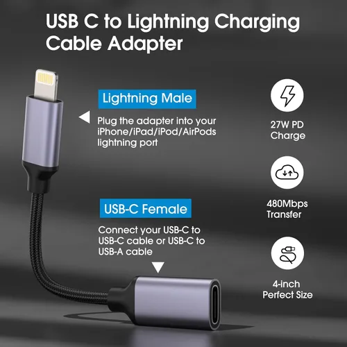 Miniatura 2 de TechMatte Adaptador de cable USB C a Lightning macho hembra, 27 W PD carga rápida solo compatible con iPhone, iPad, iPod, AirPods, sin audio,