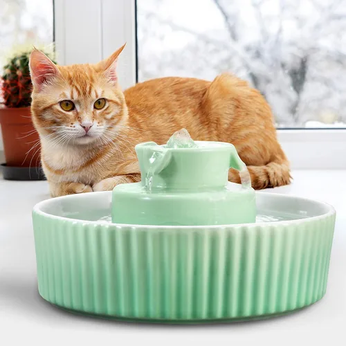 Miniatura 7 de Fuente de agua de cerámica para gatos, 2.1L/71oz fuente para gatos con diseño de cupcake para perros y gatos de interior, 2 bombas ultra silenciosas