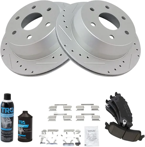 Miniatura 2 de TRQ Kit de pastillas de freno trasero y rotor de cerámica con revestimiento en G de alta calidad, ranurado X perforado, compatible con 02 Cadillac