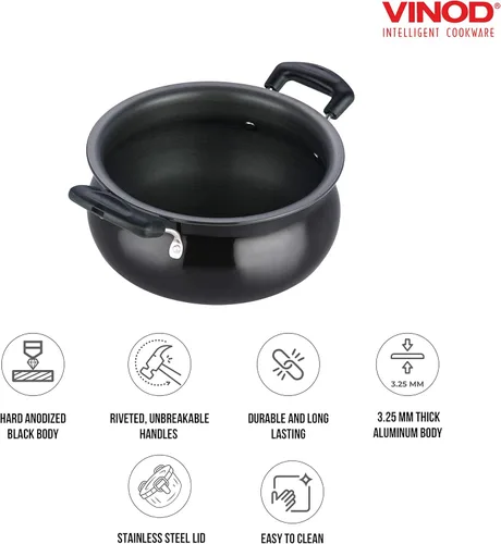 Miniatura 5 de Vinod Handi anodizado duro – Tapa de acero inoxidable – Tamaño mini – 2 litros (2.1 cuartos de galón) – Adecuado para Biryani, Pulao, Salsas – Olla