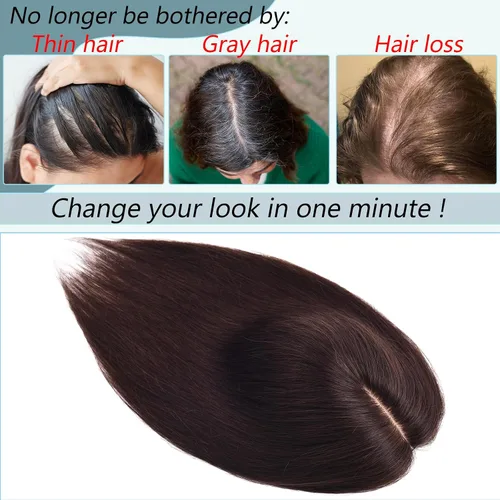 Miniatura 3 de Toppers de cabello humano real para mujeres con cabello delgado, 6 pulgadas, marrón oscuro