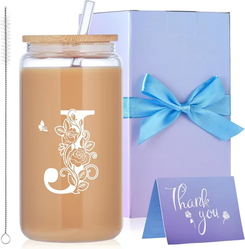 Miniatura 28 de Vasos de vidrio con iniciales con tapas y pajitas, regalos con monograma para mujeres, vaso de vidrio de cerveza de 16 onzas, taza de café helado