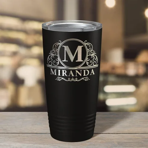 Miniatura 6 de Vaso personalizado de regalo de cumpleaños para mujeres y hombres, elaborado círculo monograma grabado en negro, taza personalizada de acero