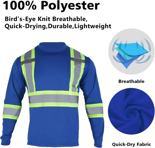 Miniatura 4 de VENDACE Camiseta de trabajo de seguridad de alta visibilidad para hombre, ANSI Clase 2, camisa de manga larga reflectante con bolsillo (azul rey, XL)