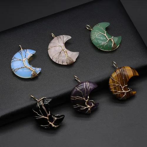 Miniatura 7 de 4 colgantes de piedra natural, forma de luna, chakra, cristal, ágata, alambre de piedra, tejer, diseño de árbol de la vida para hacer joyas
