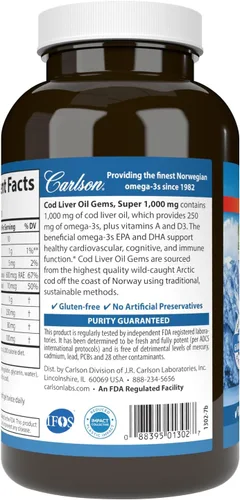 Miniatura 4 de Carlson - Gemas de Aceite de Hígado de Bacalao, Súper 1000 mg, 250 mg Omega-3, 400 UI (10 mcg) de Vitamina D3, Aceite de Hígado de Bacalao Noruego