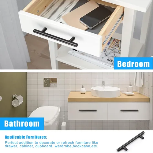 Miniatura 3 de Tiradores de gabinete de acero inoxidable con acabado negro moderno estilo euro redondo barra en T, cocina gabinete manijas cajones pomos - paquete
