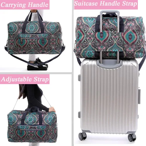 Miniatura 5 de Bolsa de viaje plegable grande para mujeres y niñas, bolso lindo floral, bolso de hombro semanal, para pasar la noche, bolsa de equipaje a cuadros
