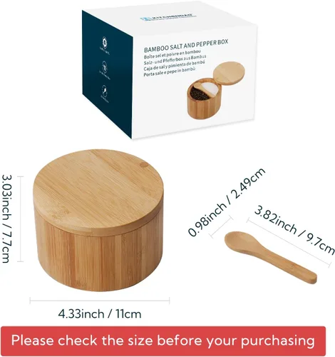 Miniatura 6 de KITCHENDAO - Salero y pimientero de bambú con caja, cuchara incorporada, recipiente de condimentos de dos compartimentos, soporte para salero de sal
