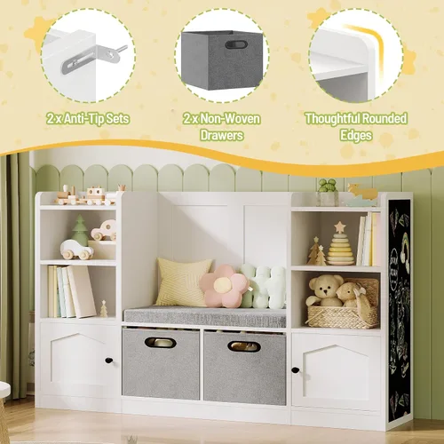 Miniatura 5 de Organizador y almacenamiento de juguetes, estantería para niños con cojín de asiento y pizarra, 2 cajones móviles, caja de almacenamiento