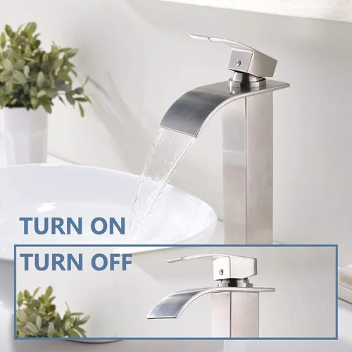 Miniatura 6 de Grifo de lavabo alto de níquel cepillado con boquilla de cascada, grifo alto de baño de una sola manija, sobre mostrador, grifo de lavabo de tocador