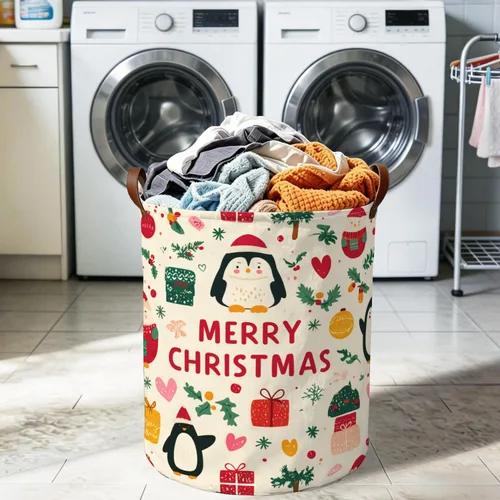 Miniatura 2 de Cesta de lavandería de 15.75 x 15.75 x 19.7 pulgadas, diseño de pingüino de Navidad, plegable, con asas, almacenamiento de ropa sucia