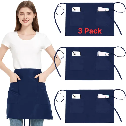 Miniatura 8 de Paquete de 3 delantales de cintura con 3 bolsillos, delantales de camarero unisex negros, delantales resistentes al agua para restaurante, chef y bar
