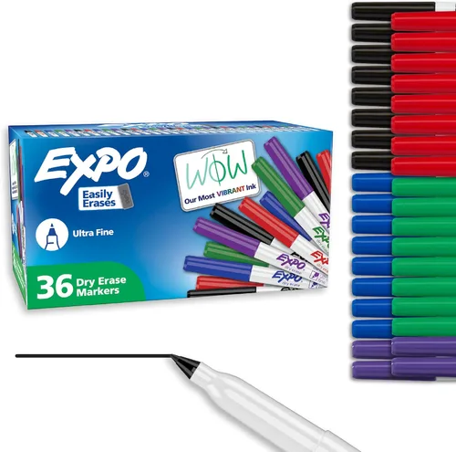 EXPO Marcadores de borrado en seco, tinta de bajo olor, colores surtidos, punta ultrafina, 36 unidades, para pizarras blancas, artículos esenciales