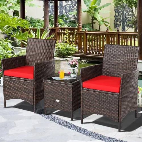 Juego de muebles de patio de 3 piezas, muebles de mimbre para exteriores con cojín resistente al agua y mesa superior de vidrio templado, juego de