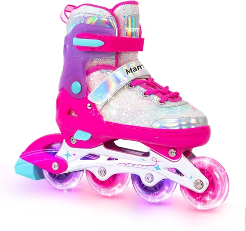 Miniatura 11 de Mammygol Patines en línea para niñas y niños, 4 tamaños ajustables para niñas de 3 a 12 años con ruedas iluminadas y protección de seguridad, regalo