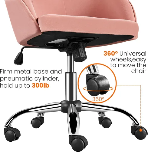 Miniatura 9 de Yaheetech Silla de Oficina Rosa Pequeña y Linda con Ruedas Traseras, Silla de Tocador de Terciopelo Giratoria y con Ruedas, Silla de Escritorio