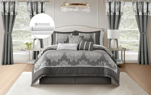 Miniatura 11 de Grand Avenue - Juego de edredón beige tamaño Queen, jacquard con juego de ropa de cama a juego de piezas sólidas, para todas las estaciones, faldón