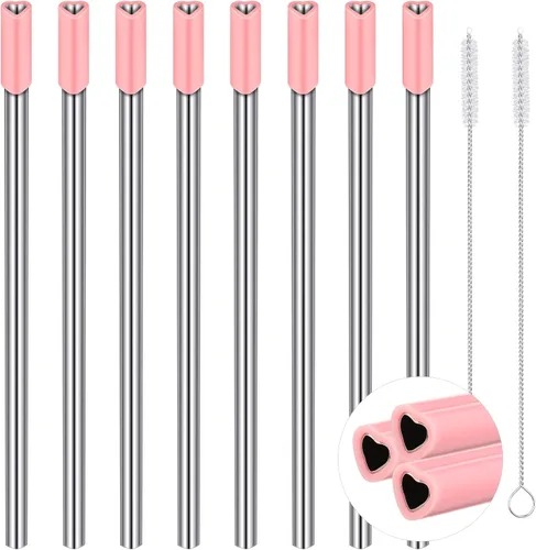 Jutom Paquete de 8 pajitas de metal con forma de corazón, reutilizables, de acero inoxidable con puntas de silicona, lindas con 2 cepillos de Rosa