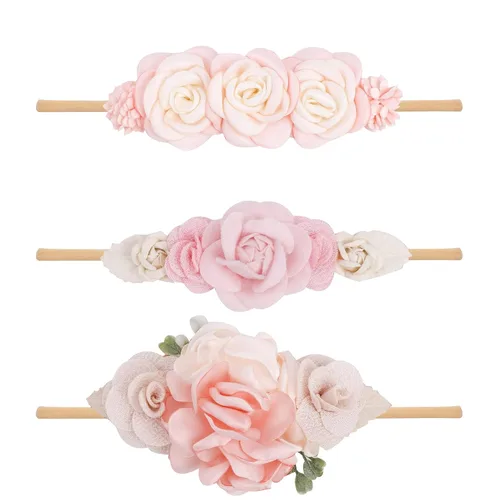Diademas de flores de nailon para bebé niña, con moños de flores, accesorios elásticos para el cabello, corona, envolturas florales hechas a mano,
