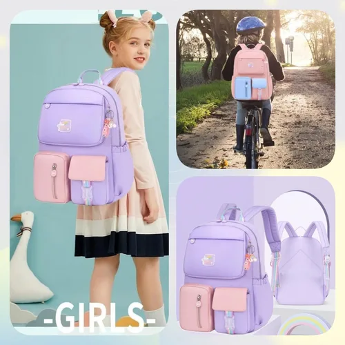 Miniatura 7 de Mochila escolar para niñas para escuela primaria ligera, Rosa Azul, Classic