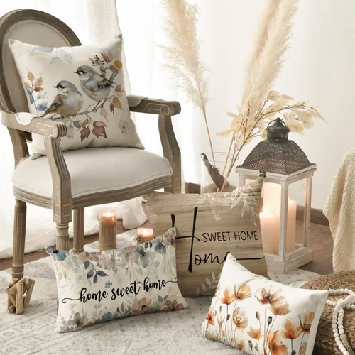 Miniatura 4 de AVOIN colorlife Chinoiserie - Juego de 4 fundas de almohada con diseño de flores de amapola Chickadee Home Sweet Home, 16 x 16 pulgadas, otoño