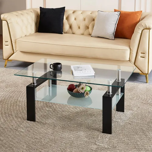 Miniatura 4 de Mesa de centro moderna de vidrio templado transparente, mesa auxiliar rectangular de 2 niveles con estante de almacenamiento inferior, patas de Negro