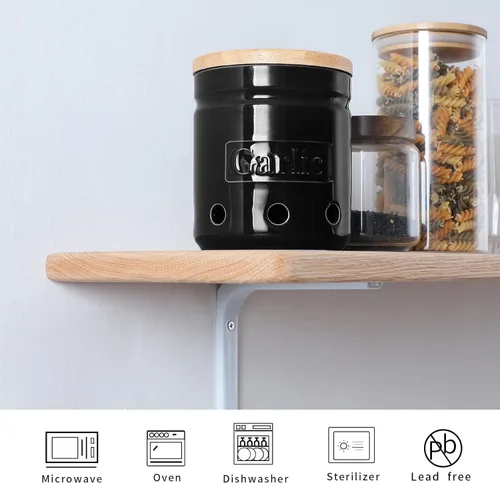 Miniatura 3 de ONTUBE Soporte de ajo con tapa de madera, contenedor de ajo cerámico de 4.5 pulgadas, contenedor de ajo para la cocina, guardador de ajo para Negro