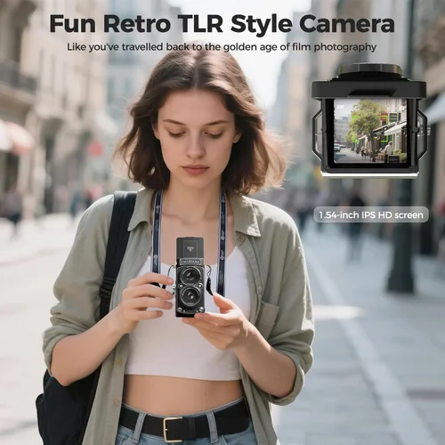 Miniatura 2 de CHUZHAO - Cámara digital retro con sello de tiempo, estilo TLR portátil vintage 1080p, video FHD de 12 MP, fotos de enfoque automático, mini cámara