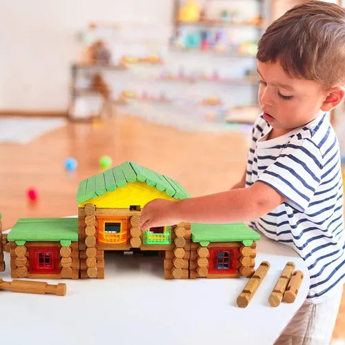 Miniatura 9 de Wondertoys Juego de troncos de madera real de 269 piezas a partir de 3 años, juego de regalo clásico de troncos de construcción para niños y niñas