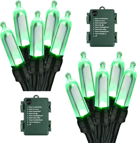 BrizLabs - Cadena de luces verdes, 5.47 metros, 50 luces LED para Navidad, 8 modos, luces de batería verdes para interiores/exteriores, mini cadena