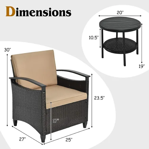Miniatura 5 de Tangkula Juego de sofá de ratán de 3 piezas, juego de bistró para conversación de patio con mesa auxiliar, cojines de asiento y respaldo, marco