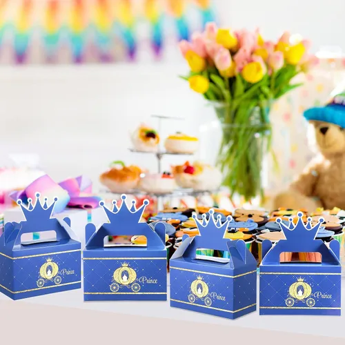 Miniatura 5 de Caja de premios con corona de príncipe para fiesta, caja de dulces azules y dorados, suministros de fiesta para baby shower, decoración