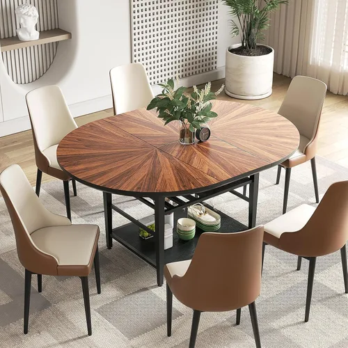 Miniatura 15 de Juego de mesa de comedor redonda de 47 pulgadas para 4-6 personas, juego de mesa de comedor grande de cocina estilo granja con sillas y estante