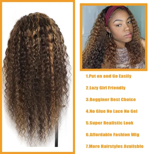 Miniatura 24 de Peluca de cabello humano con diadema de ondas profundas, sin pegamento, pelucas de cabello rizado sin encaje frontal, pelucas de cabello humano