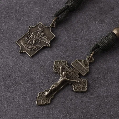 Miniatura 16 de Rosario de bolsillo estilo abierto una década de acero inoxidable rosario católico con crucifijo medalla de San Benito con bolsa de regalo