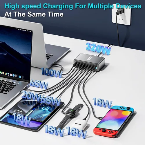 Miniatura 2 de 320W Bloque de Cargador USB C, Estación de Carga Rápida de 8 Puertos USB Hub PD 100W GaN Ⅲ Estación de Carga Pro para Múltiples Dispositivos
