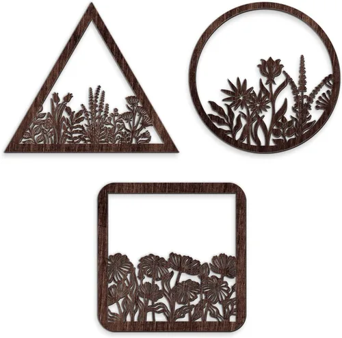 Blulu 3 piezas de arte de pared de madera con frontones de madera sagrados, arte bohemio de madera, decoración floral minimalista floral colgante de